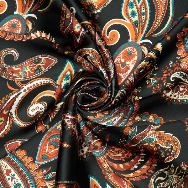 Regal paisley  print - silky satin charmeuse fabric - sold by the yard - U S A made and  shipping