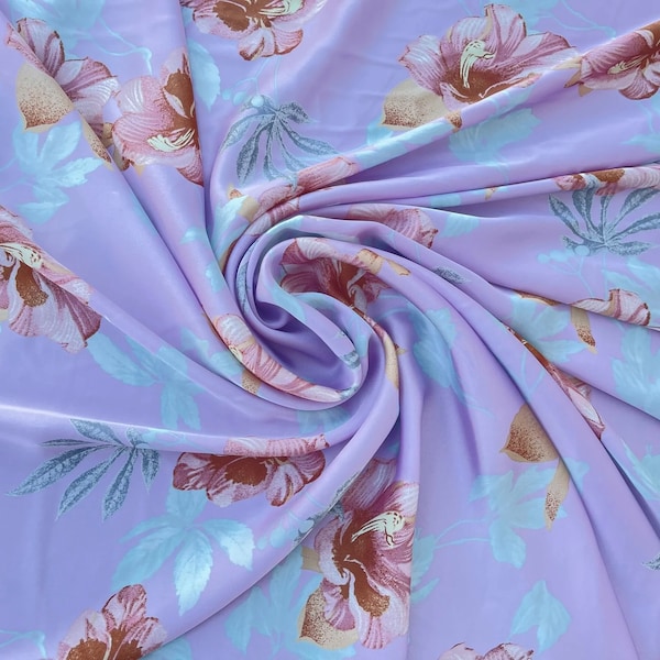 Lavender brown teal  Nature floral  print - silky lightweight satin  fabric - sold by the yard - U S A based shipping