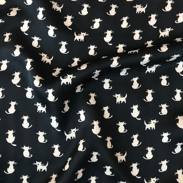 Dainty gray cats on black satin  print - silky lightweight satin  fabric - sold by the yard - U S A based shipping