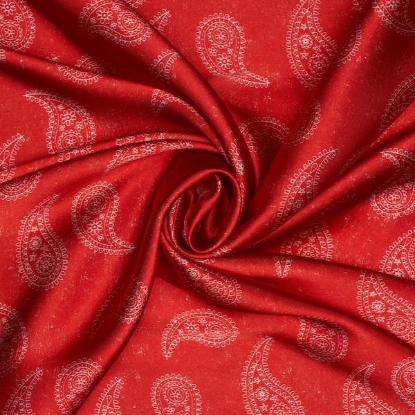 Red  off white paisley  print - silky charmeuse satin  fabric - sold by the yard - U S A made and based shipping