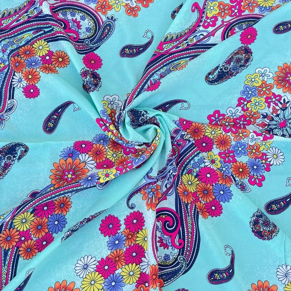 Teal pink multi color  paisley  print - Woolpeach  fabric - sold by the yard - U S A based shipping