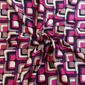 Pink purple  and black Squares 60’s tile   print - silky lightweight satin dobby  fabric - sold by the yard - U S A based shipping