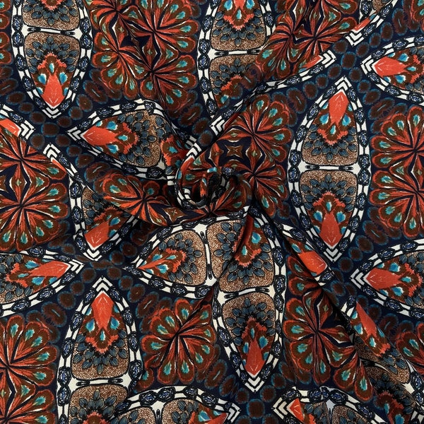 Rusty orange blue brown medallion boho tribal    print - Woolpeach  fabric - sold by the yard - U S A based shipping