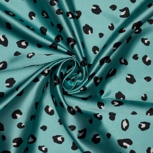 Teal black and white cheetah   print - silky faux silk charmeuse  satin  fabric - sold by the yard - U S A based shipping