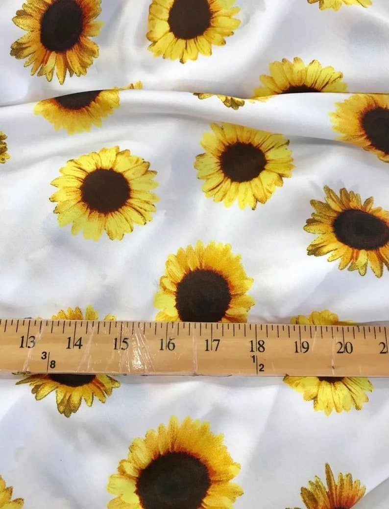 Sunflowers on white floral print silky lightweight satin fabric sold by the yard U S A based shipping image 2