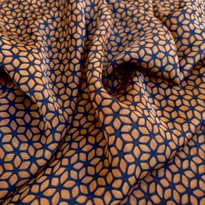 Blue and mocha motifs  print - silky lightweight satin  fabric - sold by the yard - U S A based shipping