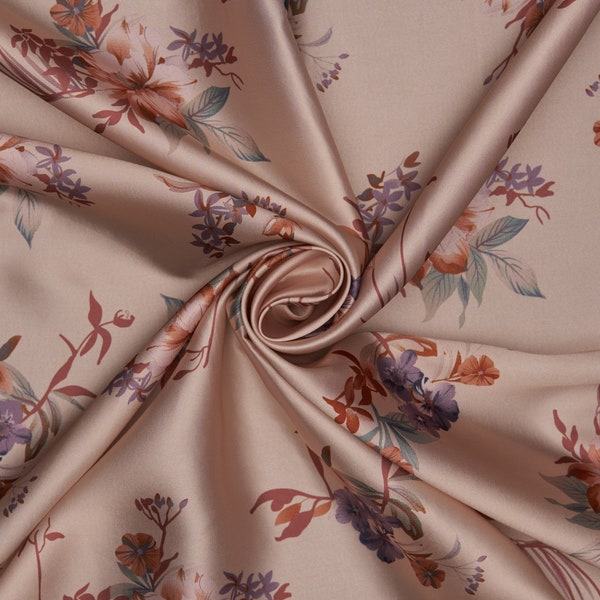 Peach lavender and aqua  Flowers print - silky lightweight satin  fabric - sold by the yard - U S A based shipping