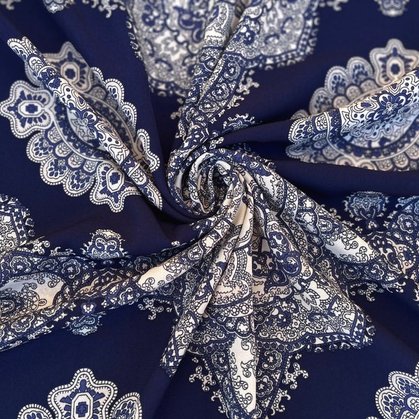 Navy blue black and off white paisley damask border  print - Woolpeach  fabric - sold by the yard - U S A based shipping