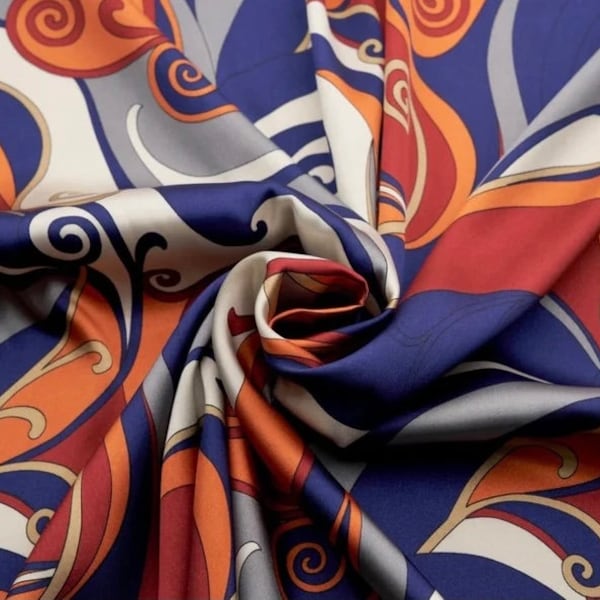 Navy orange gray big paisley swirls    print - silky charmeuse satin  fabric - sold by the yard - U S A based shipping