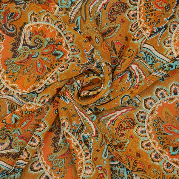 Blue mustard and rust Paisley  print -  chiffon   fabric - sold by the yard - U S A based shipping