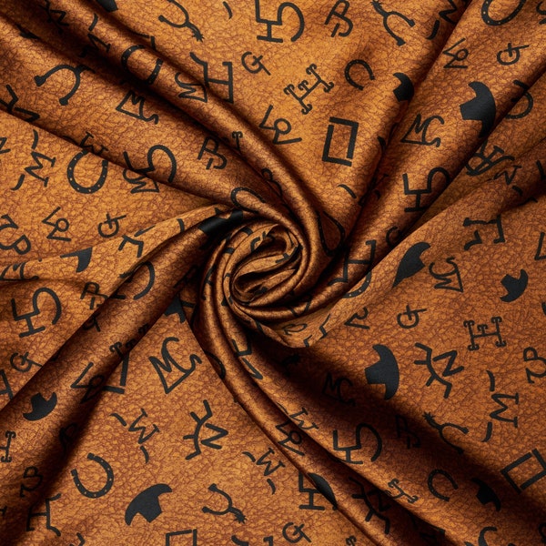 Brands on Rusty orange leather  print - silky satin charmeuse fabric - sold by the yard - U S A based shipping