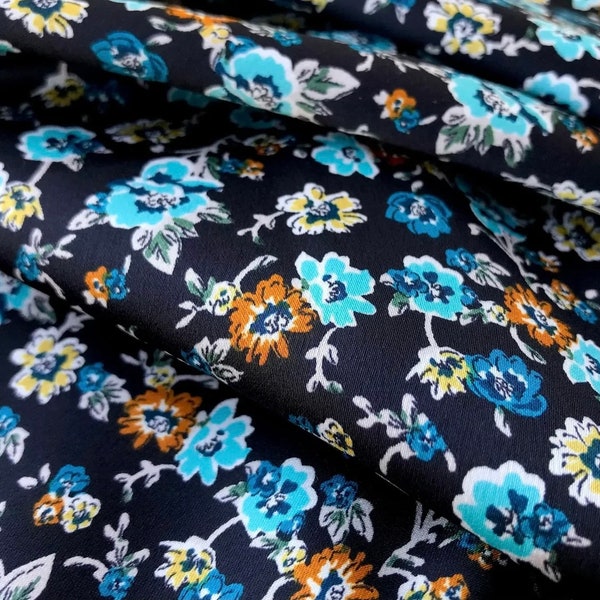 Black turquoise rust floral  print - silky lightweight satin dobby  fabric - sold by the yard - U S A based shipping