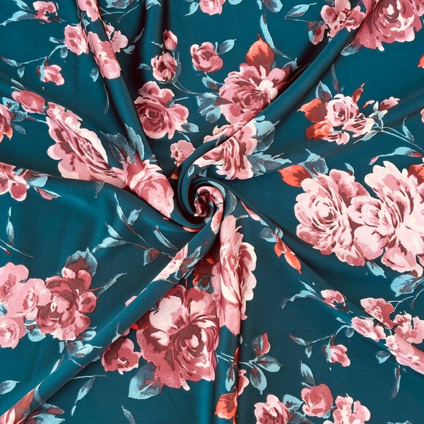 Dark teal and coral peach   floral   print - silky lightweight satin  fabric - sold by the yard - U S A based shipping