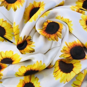 Sunflowers on white floral  print - silky lightweight satin  fabric - sold by the yard - U S A based shipping