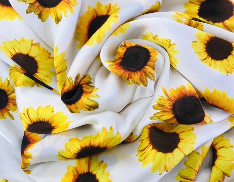 Sunflowers on white floral print silky lightweight satin fabric sold by the yard U S A based shipping image 1