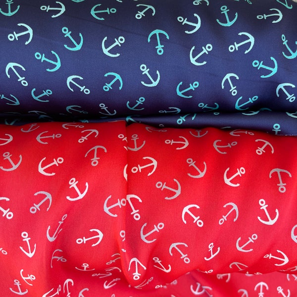 Anchors on blue or red nautical   print - silky lightweight satin  fabric - sold by the yard - U S A based shipping