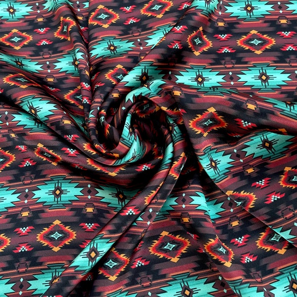Turquoise brown aztec tribal print - Charmeuse Satin Sublimation fabric - sold by the yard - U S A made and based Shipping