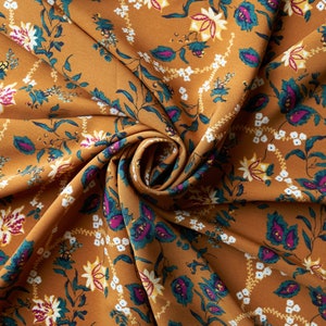 Mustard pink blue  wildflowers print - silky peachskin  fabric - sold by the yard - U S A based shipping