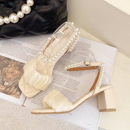 Wedding Shoes pearls Wedding Open-toe Square Head Chunky shops Heel Mid-heel Shoes