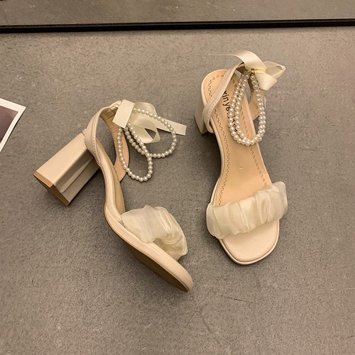 Wedding Shoes pearls Wedding Open-toe Square Head Chunky shops Heel Mid-heel Shoes