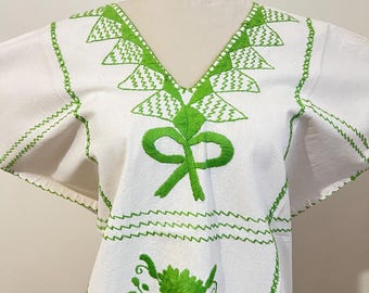 Handmade Embroidered Manta Cotton Mexican Blouse, Traditional Huipil Top M/L/XL
