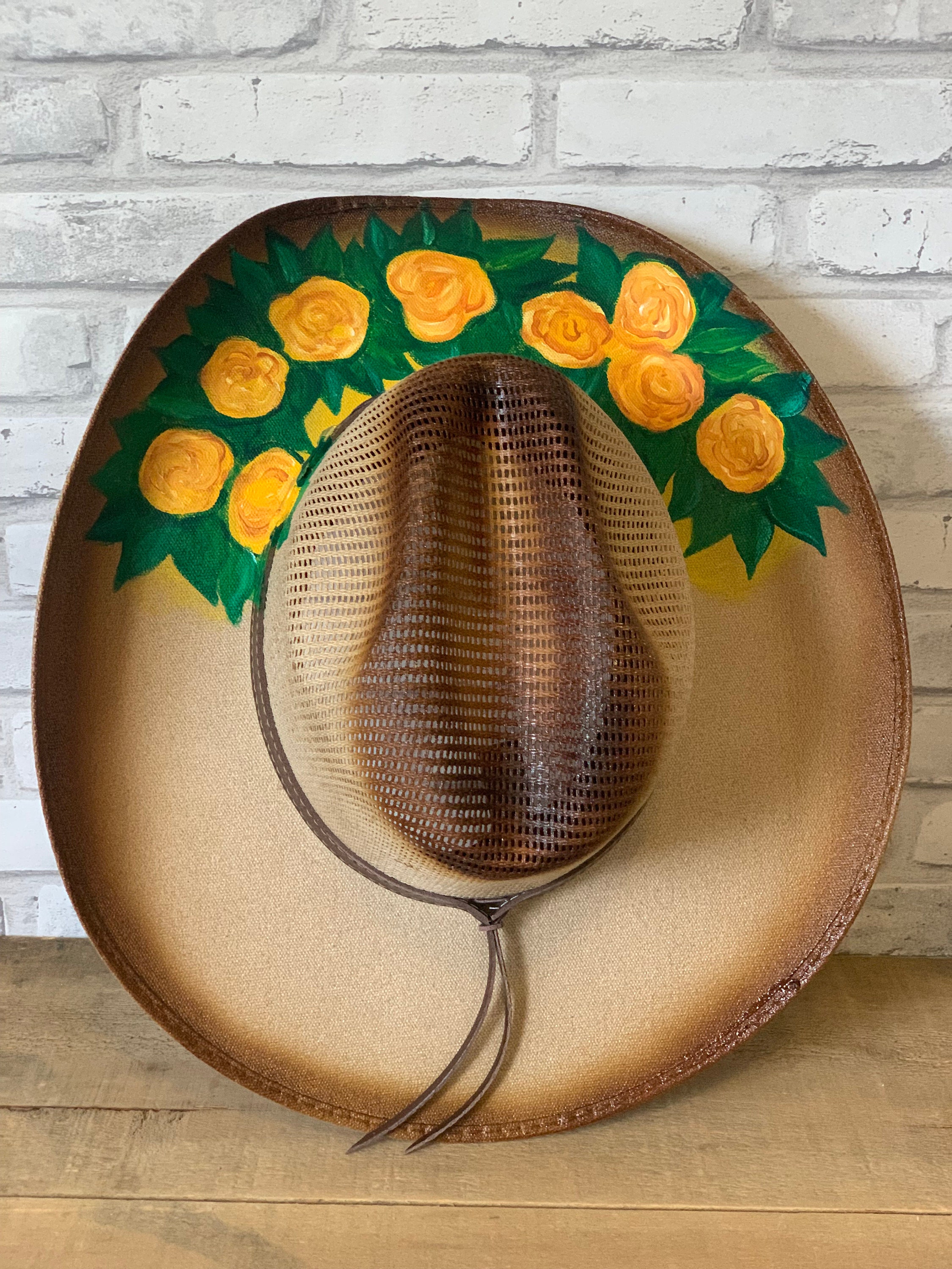 Hand Painted Hat With Yellow Flowers. Mexican Floral Hat 
