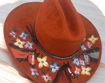 Hand Painted Suede Mexican Hat, Hand Painted Cowgirl Hat, Mexican Artisanal Hat