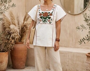 Handmade Embroidered Manta Cotton Mexican Blouse, M/L/XL