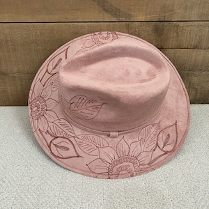 Hand Burned Suede Fedora, Flowers Burned Hat, Western Hand Burned Hat, Pink Hat
