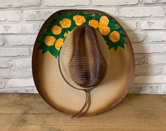 Hand Painted Hat With Yellow Flowers. Mexican Floral Hat. Artisanal Mexican Sombrero. Beach Hat