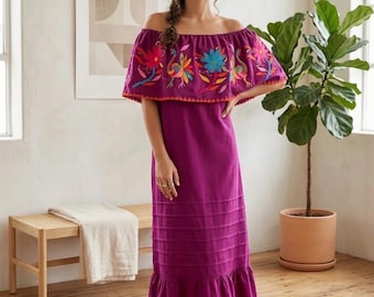 Artisanal Mexican Dress, Otomi Dress, Off Shoulder, Long Dress, Embroidered Dress W/ Silk Thread, Size Medium/Large