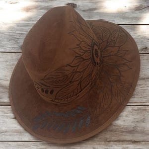 Hand Burned Suede Fedora, Flowers Burned Hat, Western Hand Burned Hat