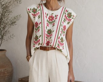 Hand Embroidered Mexican Blouse: 100% Cotton Manta Huipil