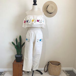 Mexican Off Shoulder Embroidered Jumpsuit, Artisanal Romper, Size S/M