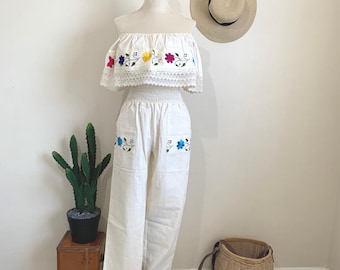 Mexican Off Shoulder Embroidered Jumpsuit, Artisanal Romper, Size S/M