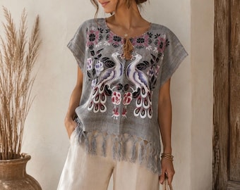Mexican Artisan Blouse with Hand-Painted Peacocks | Gray Yarn Boho Huipil Top | Mexican Folk Art Wear| Fits M/L/XL
