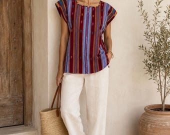 Handwoven Maya Huipil Blouse, Loomed Boho Top, Traditional Mexican Textile, Pantelhó Blouse,Fits S/M/L