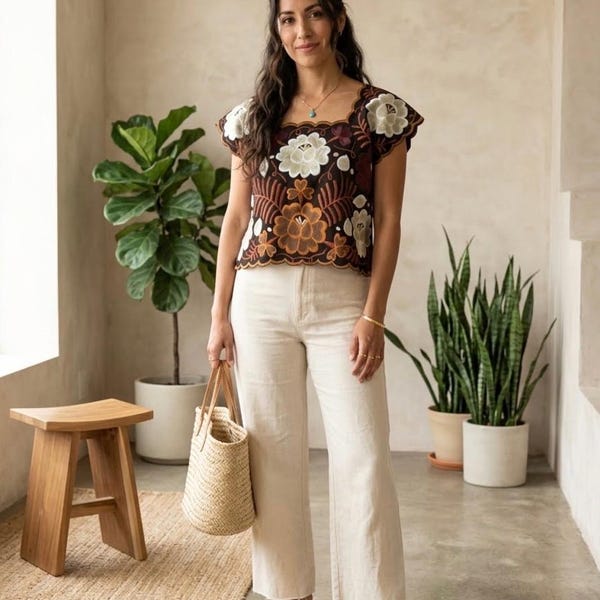 Top corto mexicano bordado: Maya Huipil, blusa étnica, talla S/M