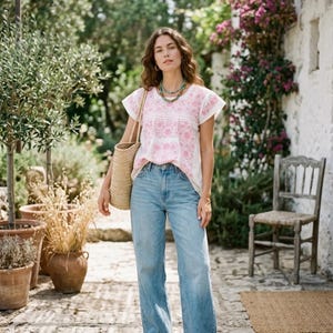 May include: A woman wearing a white and pink embroidered top, light blue jeans, and brown sandals. She is carrying a woven tote bag. The background features a garden setting with plants and a stone pathway.