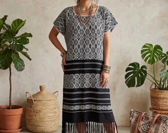 May include: A black and white patterned maxi dress with short sleeves and fringe detailing at the hem. The dress features a geometric design and is worn with layered necklaces and bracelets. The dress is a bohemian style.