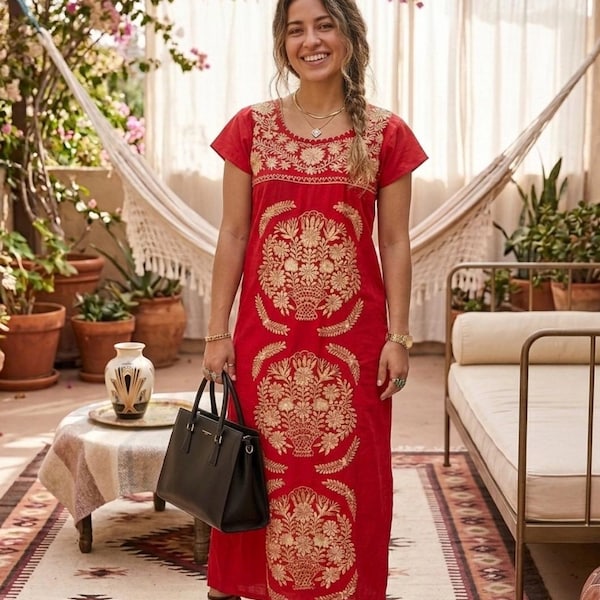Mexican Red Embroidered Cotton Dress - Silk Thread Floral Design, Traditional Oaxaca Style Huipil
