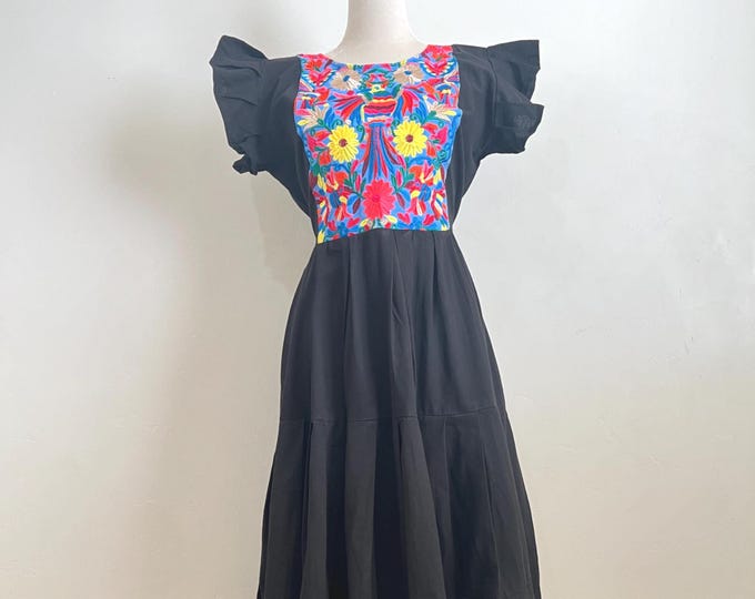 Mexican off the shoulder mini dress  - Royal blue hand embroidered manta main image 1