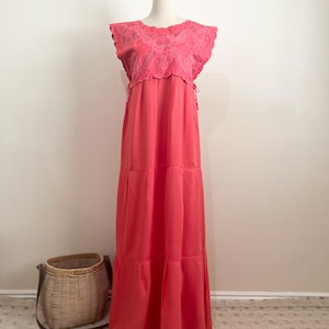 Hand Woven Mexican Maxi Dress, Embroidered Zinacantan Long Dress, Artisanal Clothing, Bohemian Dress, Coral Dress, Fits M/L/XL