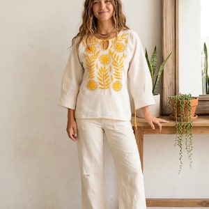 Handmade Mexican Blouse Rococo Embroidered Manta Cotton Top 3/4 Sleeve Boho Folk Art Clothing, Fits XS/S/M