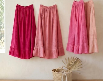 Pretty Pink Mexican Cotton Maxi Skirts - Boho Tiered Skirts for Women- Fits XS/S/M/L