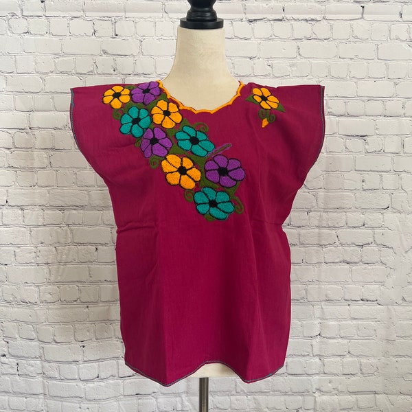 Hand Made Mexican Blouse, Embroidered Top, Manta Cotton Mexican Blouse, Mexican Huipil, Artisanal Clothing, Traditional Mexican Shirt