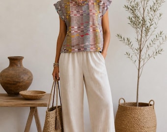 Handmade Mexican Blouse: Woven Huipil with Geometric Embroidery, Loomed Top, Fits XS/S/M