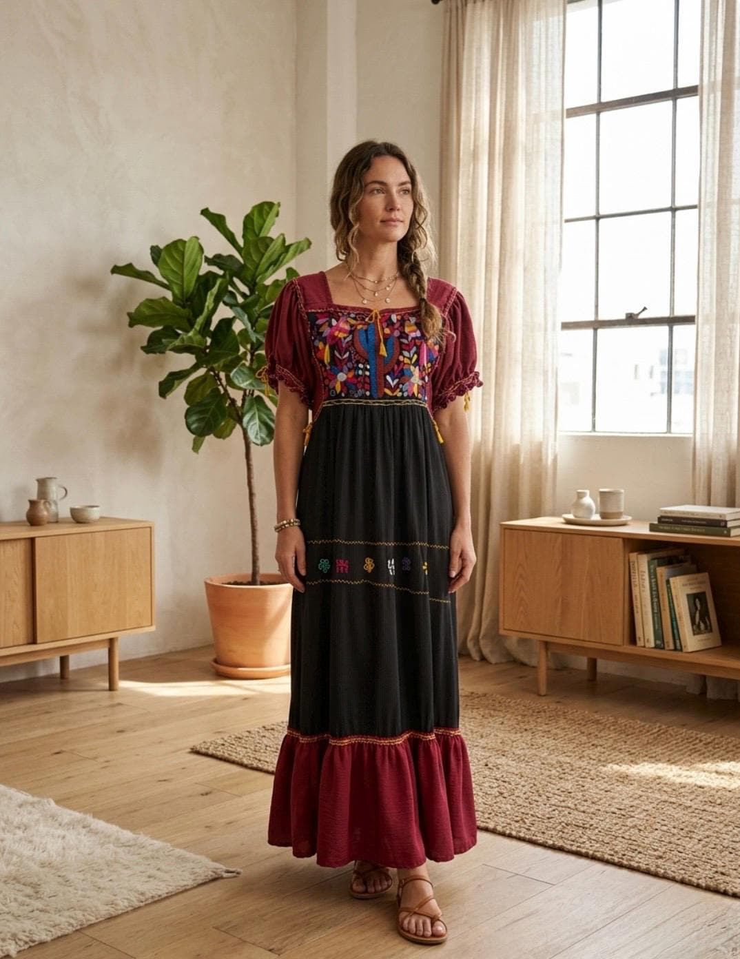 fitted lace wedding dress Vintage Natural Cotton Hand Embroidered Mexican Maxi Dress – Honeywood main image 0