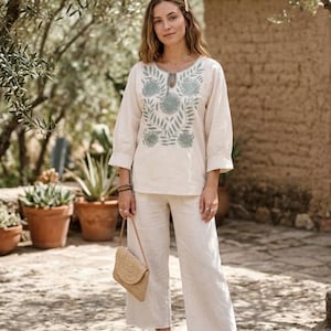 Handmade Mexican Blouse Rococo Embroidered Manta Cotton Top 3/4 Sleeve Boho Folk Art Clothing, Fits XS/S/M