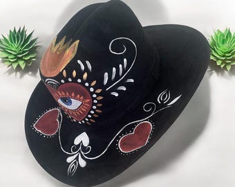 Hand Painted Suede Mexican Hat, Hand Painted Cowgirl Hat, Mexican Artisanal Hat, Mexican Sombrero
